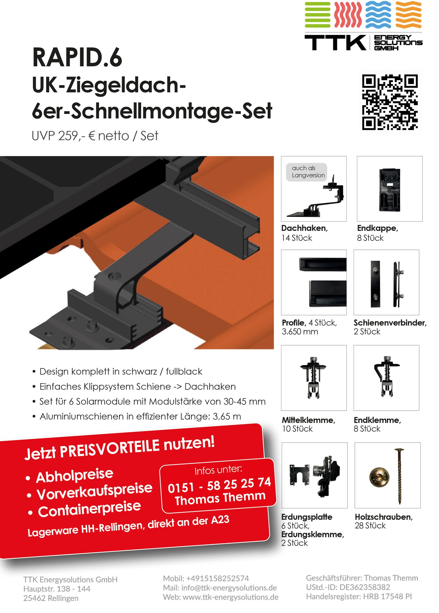 Rapid.6 Ziegeldach 6er Montagesystem Fullblack